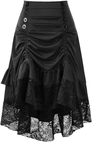 Women's Solid Color High Waist Button Lace Stitching Ruched Drawstring Irregular Skirt