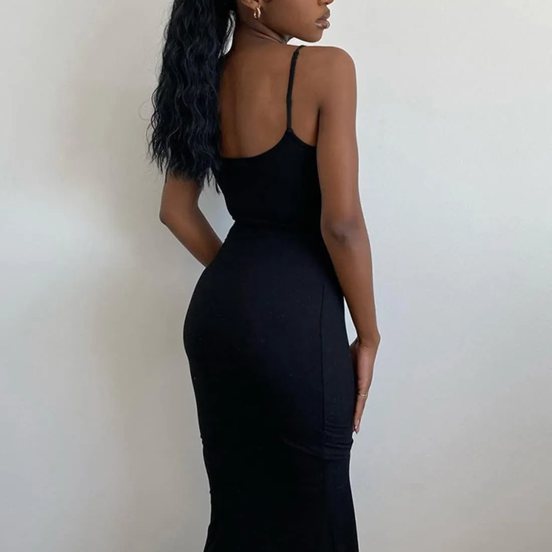 Womens Spaghetti Strap Bodycon Backless Maxi Dress