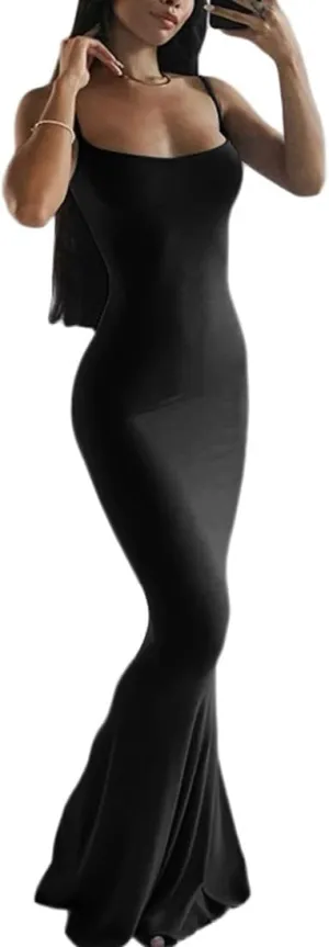Womens Spaghetti Strap Bodycon Backless Maxi Dress