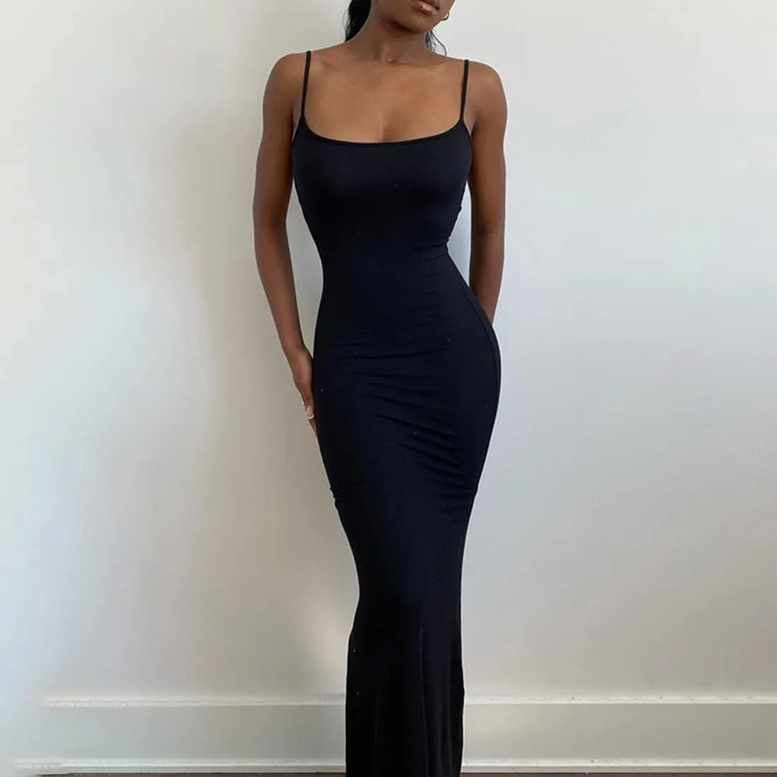 Womens Spaghetti Strap Bodycon Backless Maxi Dress