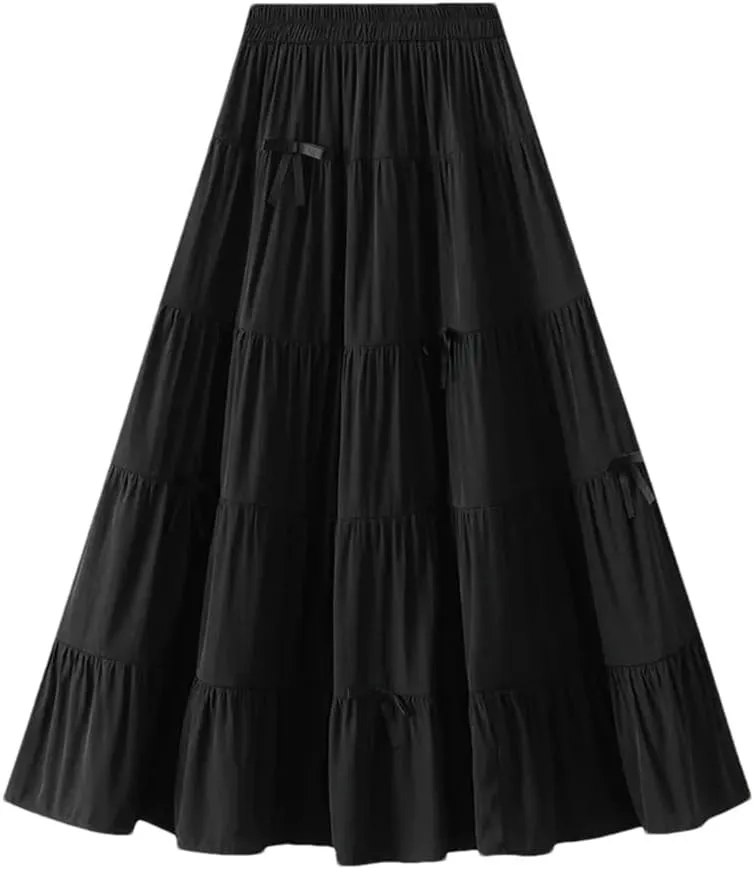 Women's Spring Summer Fashion Elastic High Waist Bow A-Line Long Slim Party Skirts