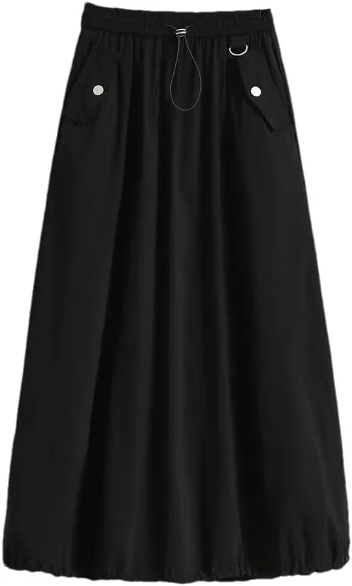 Women's Spring Summer Korean Casual Skirt Slim Lace Up Elastic High Waist A-Line Maxi Work Skirts