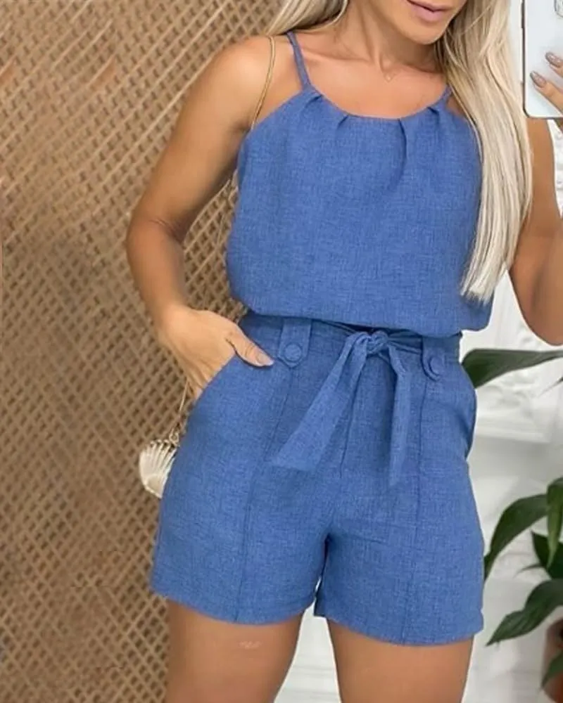 Women's Summer 2 Pieces Set Round Neck Sleeveless Spaghetti Strap Top Short Jumpsuit Rompers With Pockets