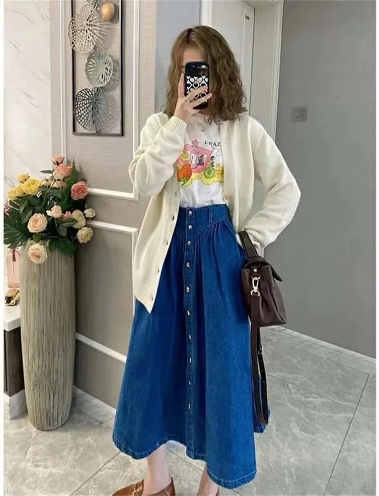 Women's Summer A-Line Skirts Slim High Waist Midi Classic Vintage Button-Fly Jeans Skirt