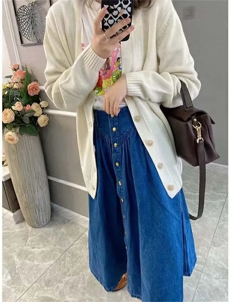 Women's Summer A-Line Skirts Slim High Waist Midi Classic Vintage Button-Fly Jeans Skirt