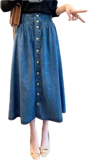Women's Summer A-Line Skirts Slim High Waist Midi Classic Vintage Button-Fly Jeans Skirt