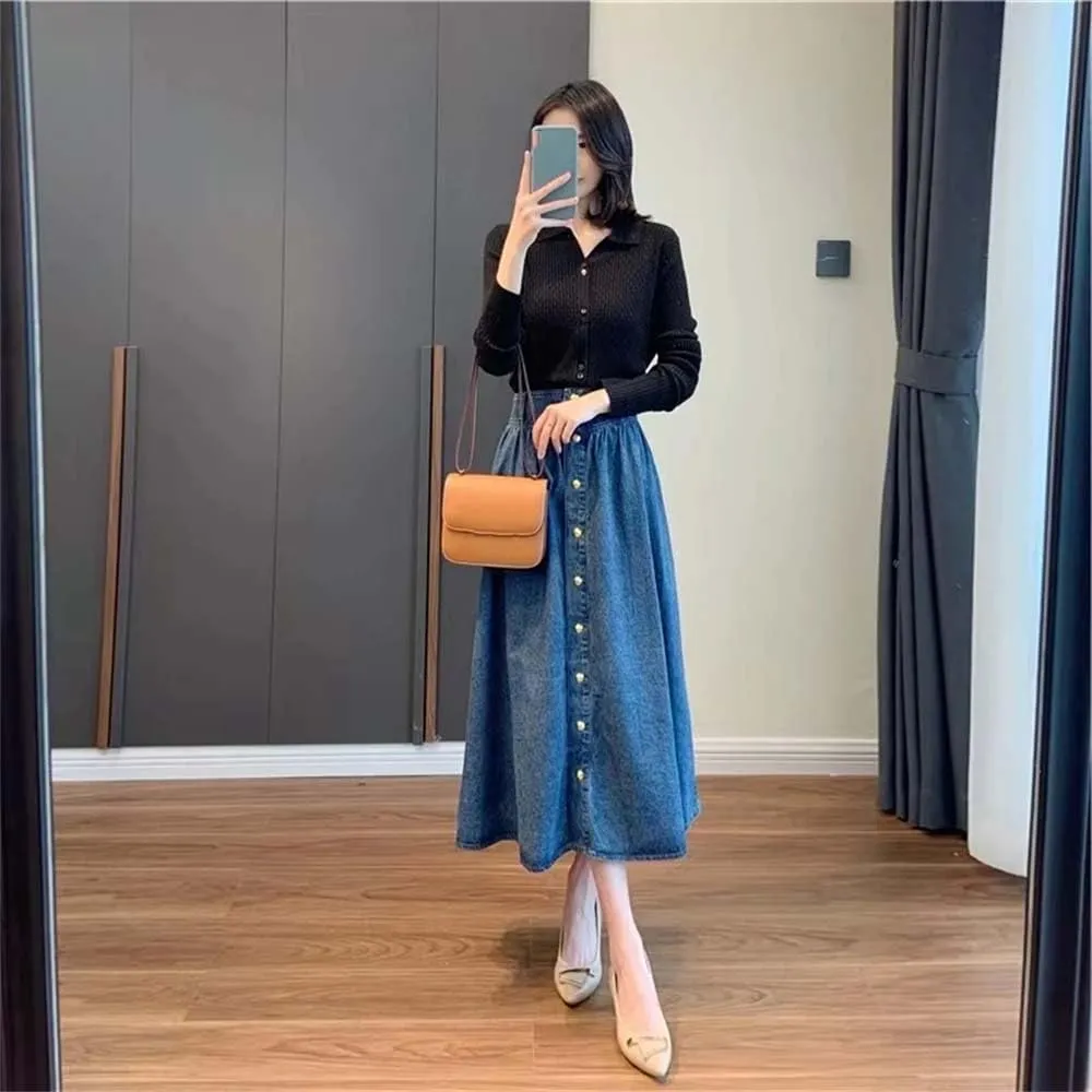 Women's Summer A-Line Skirts Slim High Waist Midi Classic Vintage Button-Fly Jeans Skirt