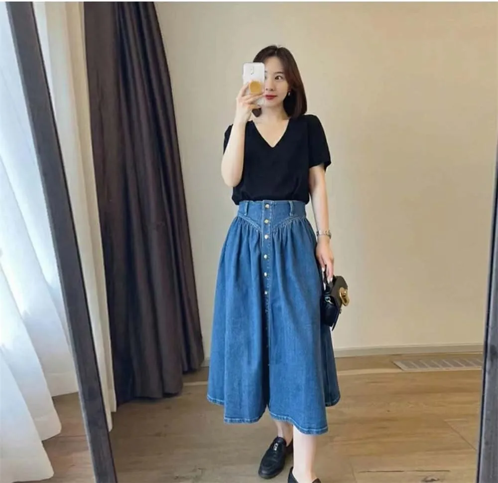 Women's Summer A-Line Skirts Slim High Waist Midi Classic Vintage Button-Fly Jeans Skirt