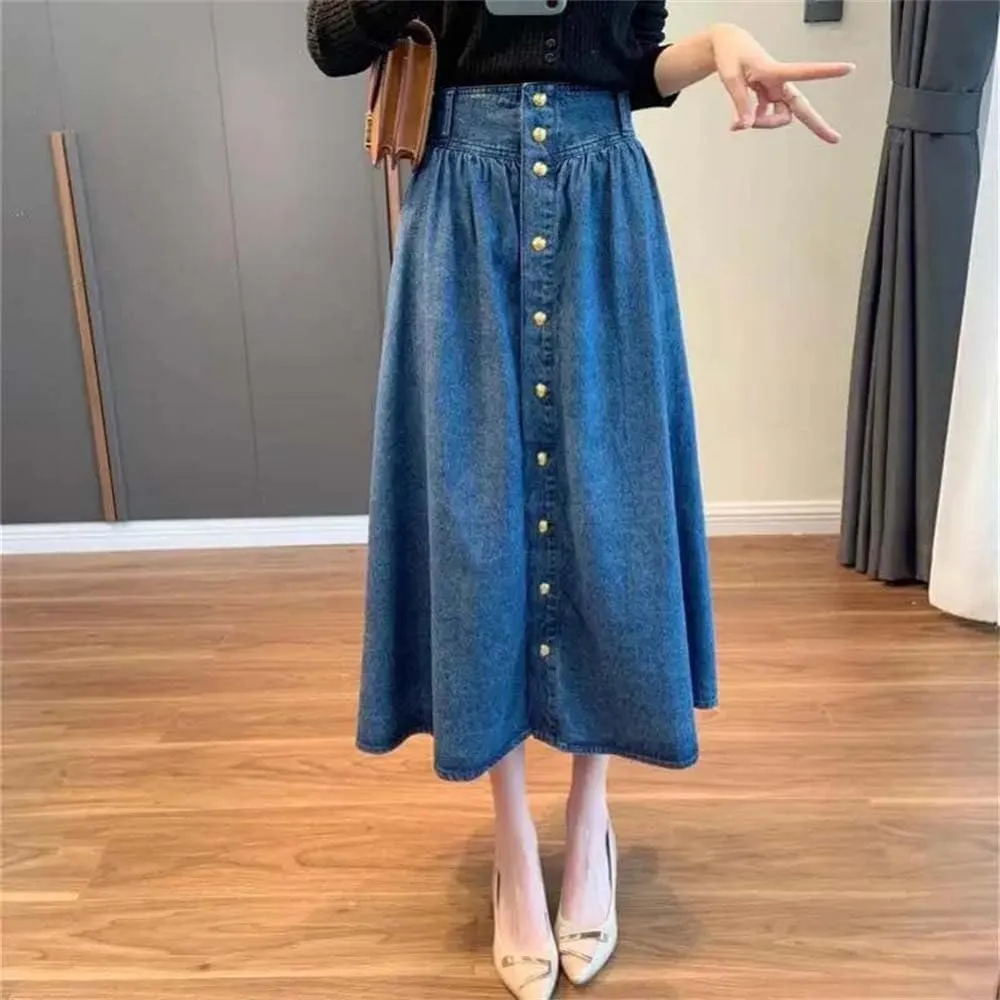 Women's Summer A-Line Skirts Slim High Waist Midi Classic Vintage Button-Fly Jeans Skirt