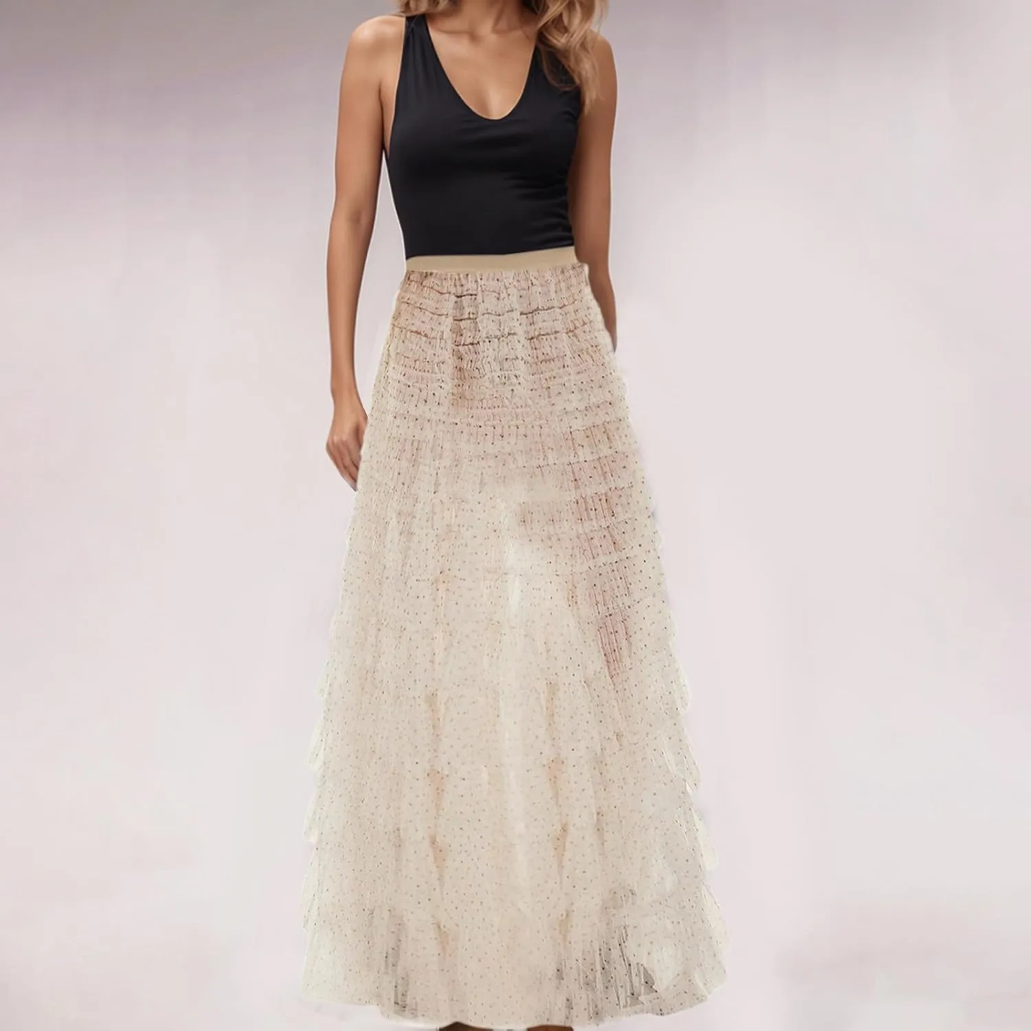 Women's Summer Boho Maxi Skirts Smocked High Wasited Flowy Dress Tiered Ruffle A Line Long Beach Long Skirt Summer