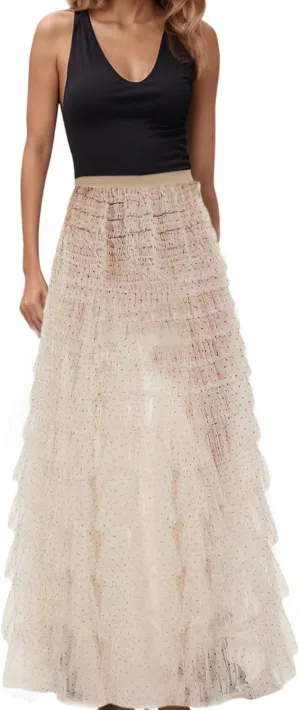 Women's Summer Boho Maxi Skirts Smocked High Wasited Flowy Dress Tiered Ruffle A Line Long Beach Long Skirt Summer