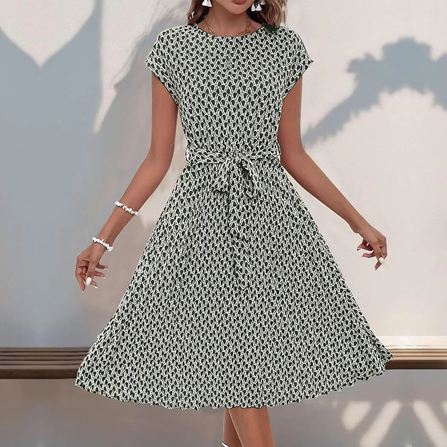 Women's Summer Dresses Short Sleeve Round Neck Midi Dress Vintage Floral Printed Cocktail Party Dresses with Belt