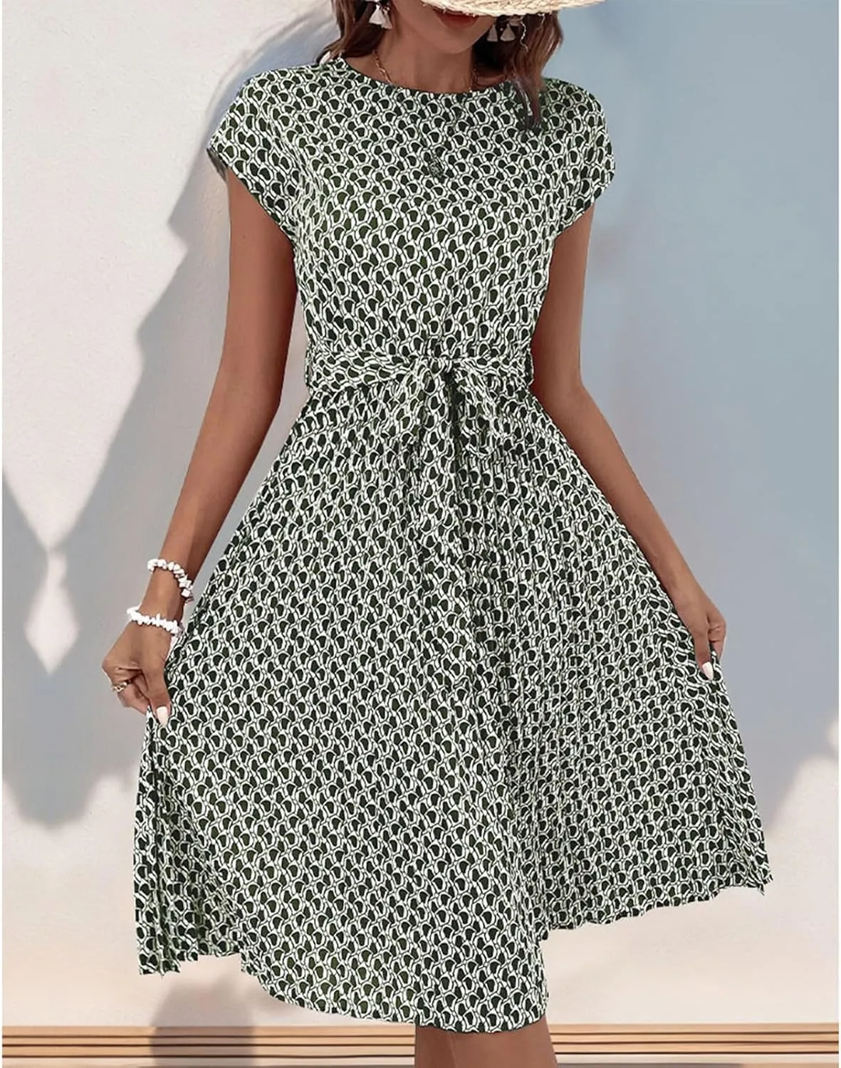Women's Summer Dresses Short Sleeve Round Neck Midi Dress Vintage Floral Printed Cocktail Party Dresses with Belt