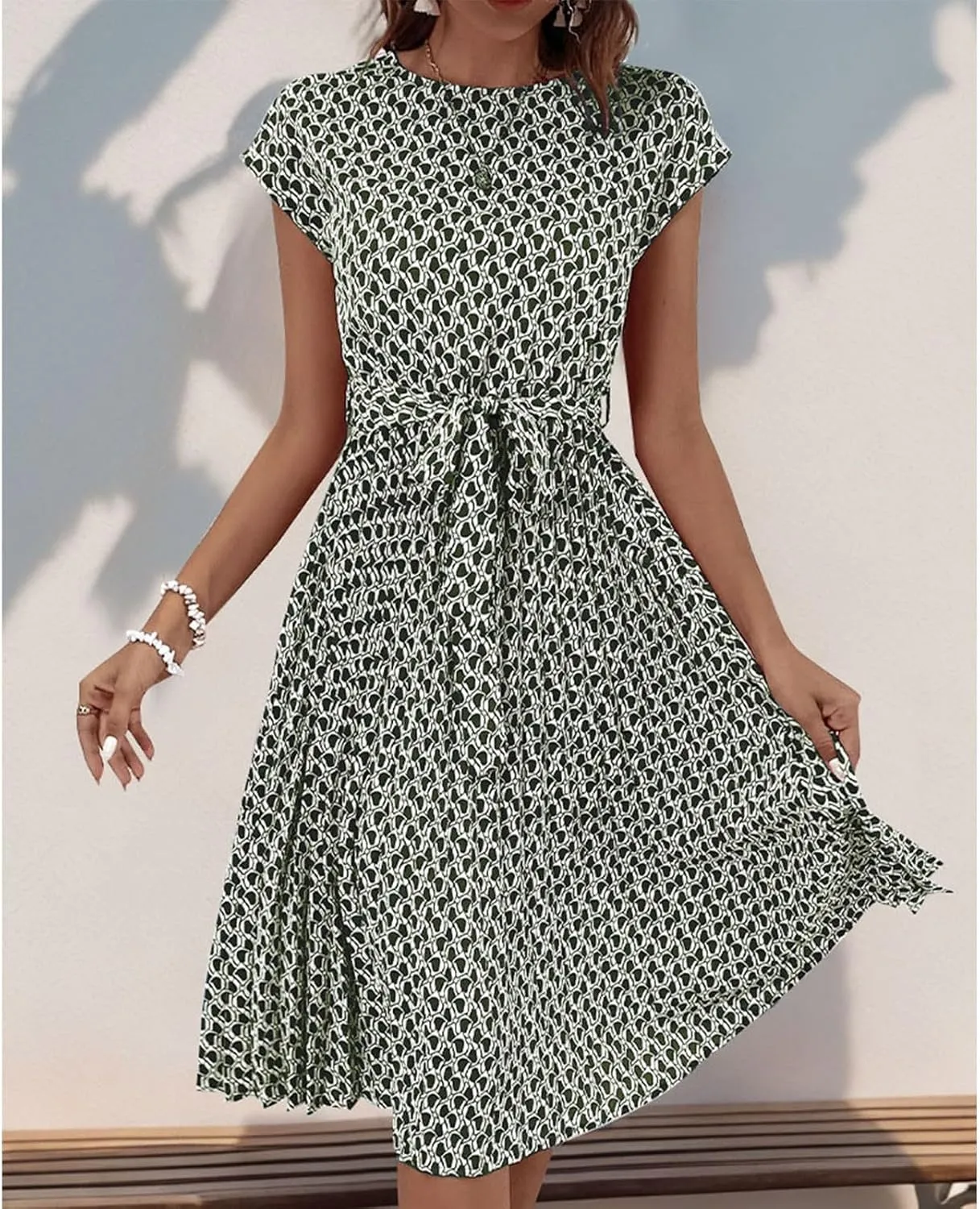 Women's Summer Dresses Short Sleeve Round Neck Midi Dress Vintage Floral Printed Cocktail Party Dresses with Belt