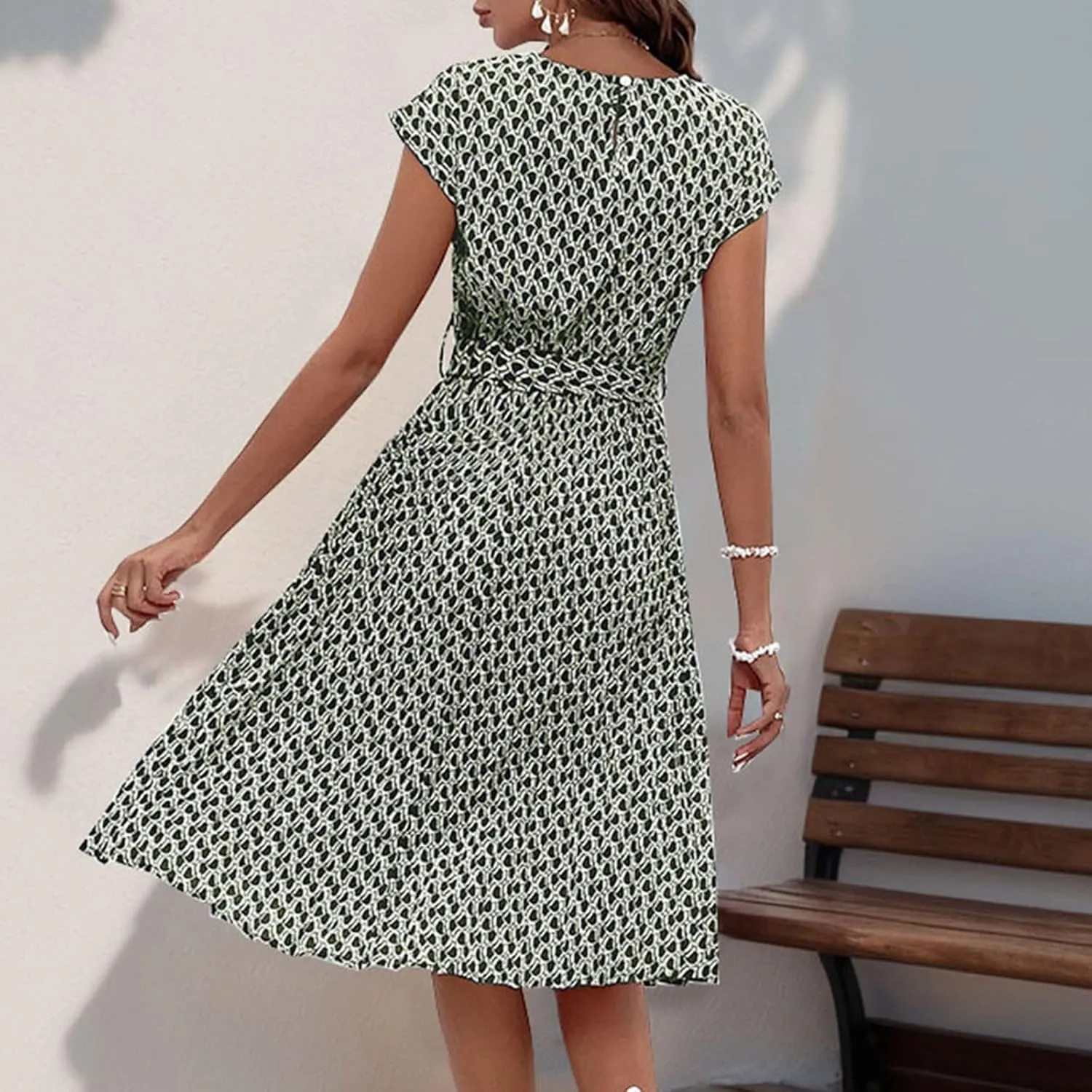 Women's Summer Dresses Short Sleeve Round Neck Midi Dress Vintage Floral Printed Cocktail Party Dresses with Belt