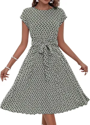 Women's Summer Dresses Short Sleeve Round Neck Midi Dress Vintage Floral Printed Cocktail Party Dresses with Belt