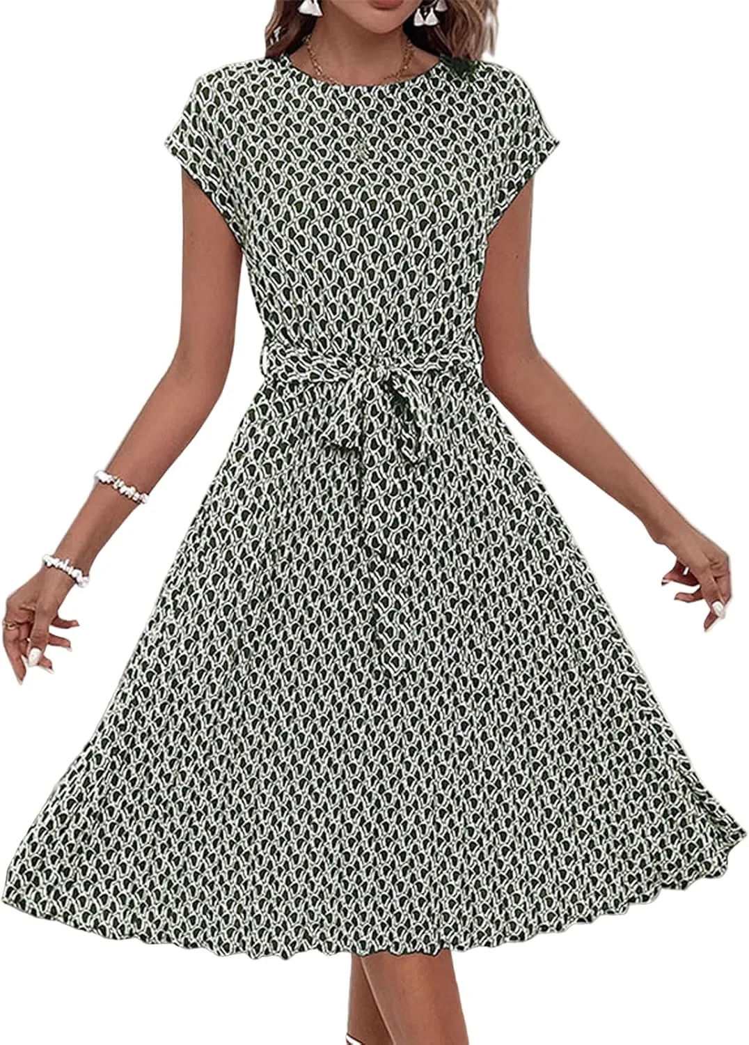 Women's Summer Dresses Short Sleeve Round Neck Midi Dress Vintage Floral Printed Cocktail Party Dresses with Belt
