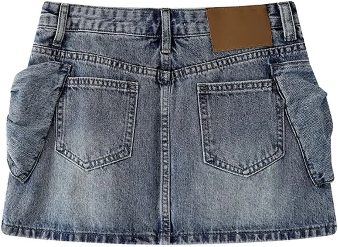 Women's Summer Low Rise Bow Pocket Mini Denim Skirt Y2k Streetwear Punk Jean Short Skirts