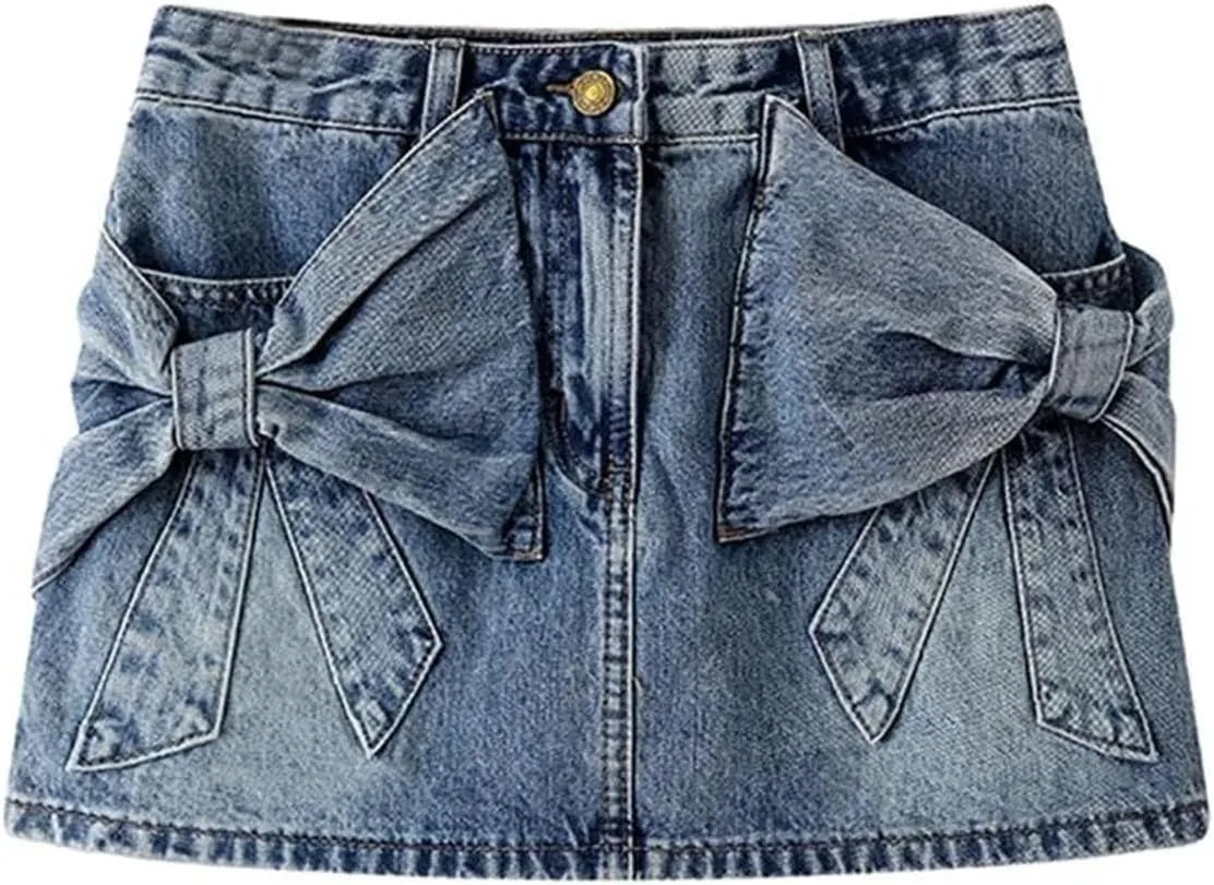 Women's Summer Low Rise Bow Pocket Mini Denim Skirt Y2k Streetwear Punk Jean Short Skirts