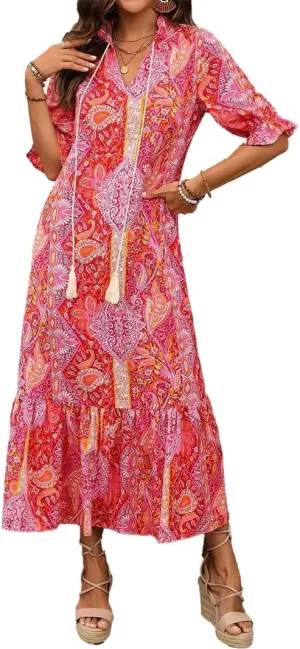 Women's Summer Maxi Dress Boho Loose Shift Tunic Smock Half Sleeve Floral Print Ruffle Beach Dresses Tassels