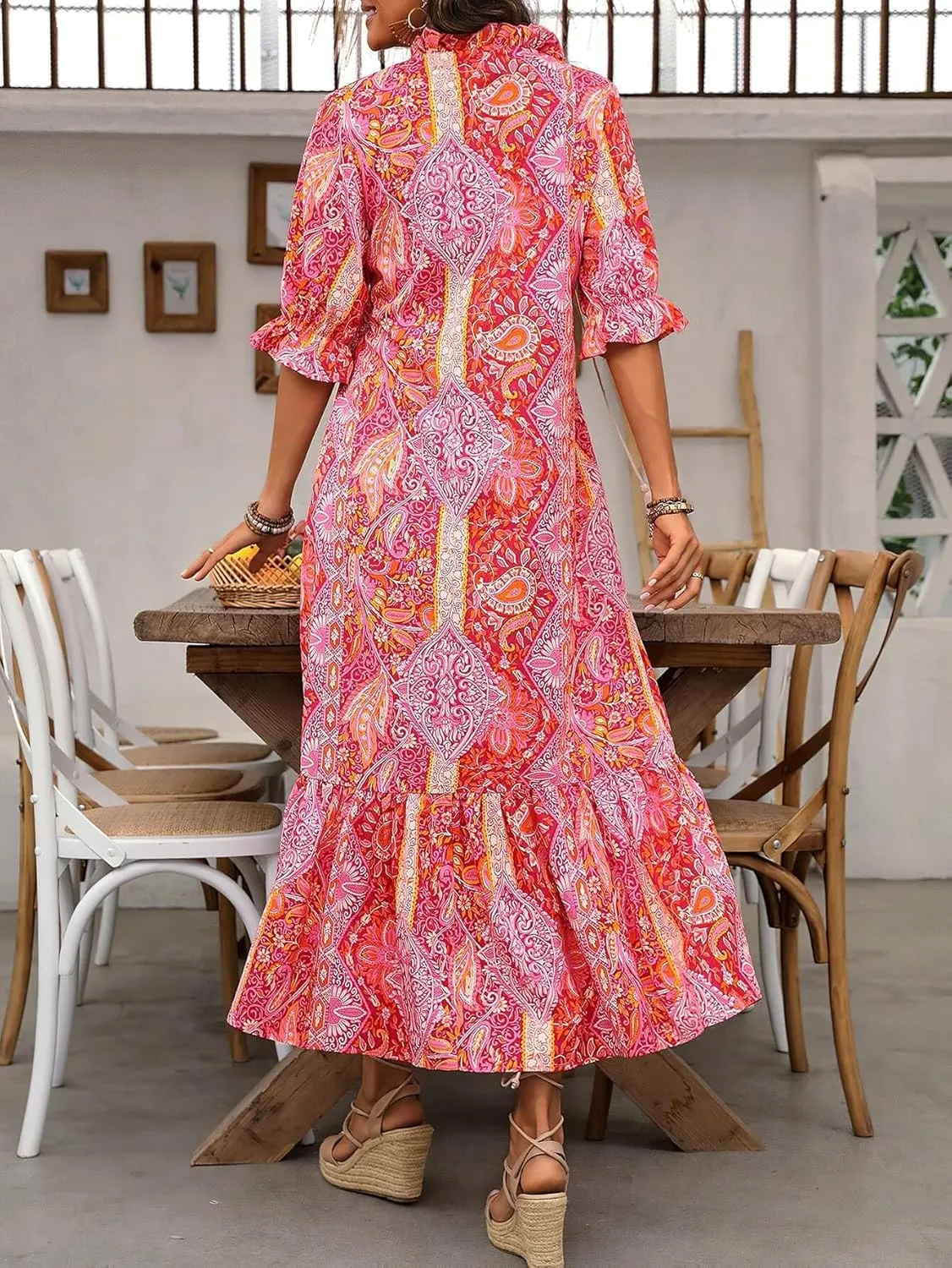 Women's Summer Maxi Dress Boho Loose Shift Tunic Smock Half Sleeve Floral Print Ruffle Beach Dresses Tassels