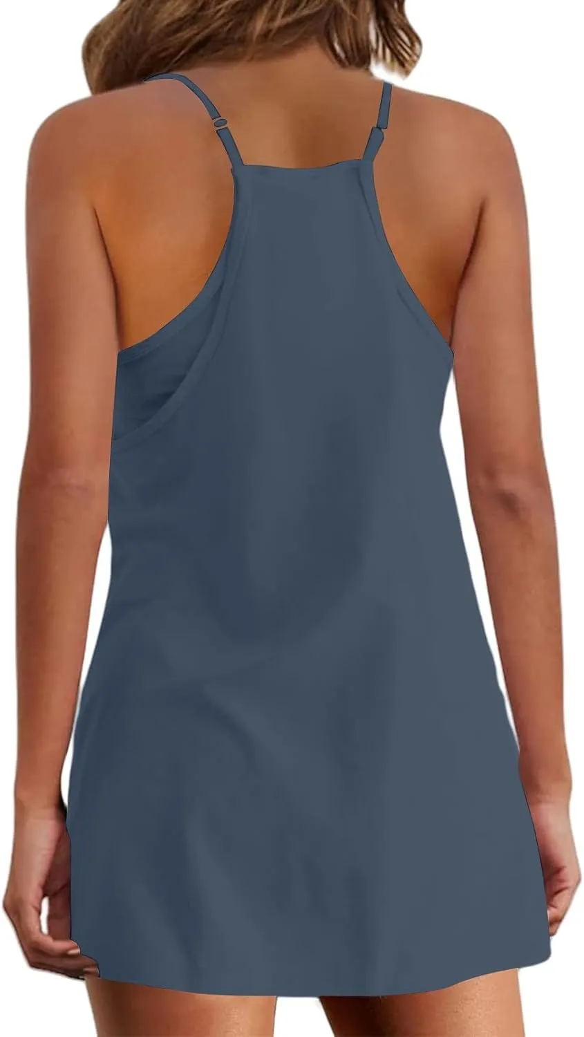 Womens Summer Sleeveless Mini Dress V Neck Spaghetti Strap Sundress Athletic Short Dress with Pockets