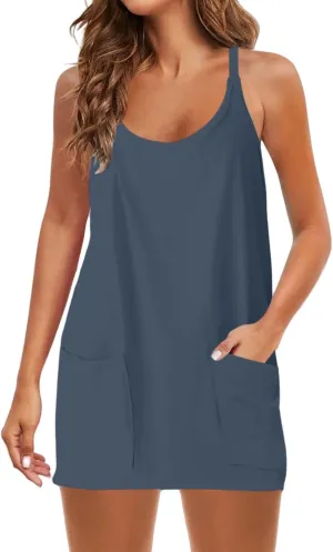 Womens Summer Sleeveless Mini Dress V Neck Spaghetti Strap Sundress Athletic Short Dress with Pockets