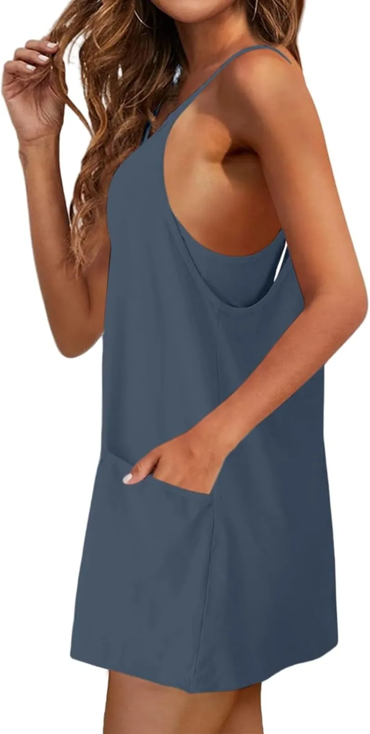 Womens Summer Sleeveless Mini Dress V Neck Spaghetti Strap Sundress Athletic Short Dress with Pockets