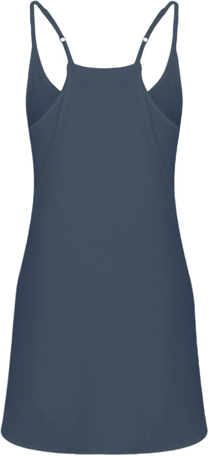 Womens Summer Sleeveless Mini Dress V Neck Spaghetti Strap Sundress Athletic Short Dress with Pockets