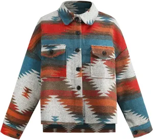 Women's Vintage Aztec Print Pattern Loose Shacket Button Down Long Sleeve Woolen Jacket Shirts Coat