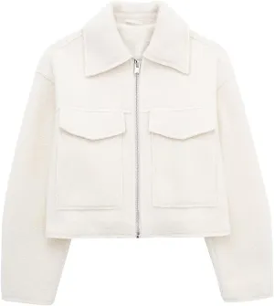Womens Wool Blend Coat Lapel Zip Up Cropped Bomber Jacket Casual Pea Coat Outerwear with Pockets