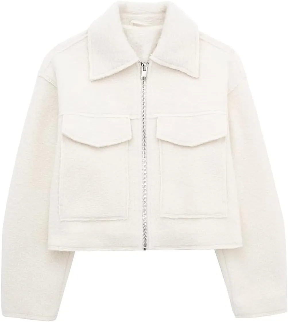 Womens Wool Blend Coat Lapel Zip Up Cropped Bomber Jacket Casual Pea Coat Outerwear with Pockets