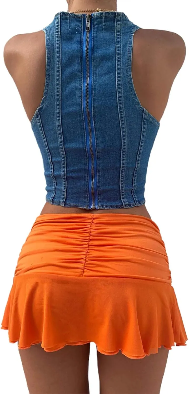 Women's Y2K Sexy Ruched Pleated Ruffle Mini Skirt Stretchy A-Line Slim Fit High Waist Bodycon Beachwear Short Skirt