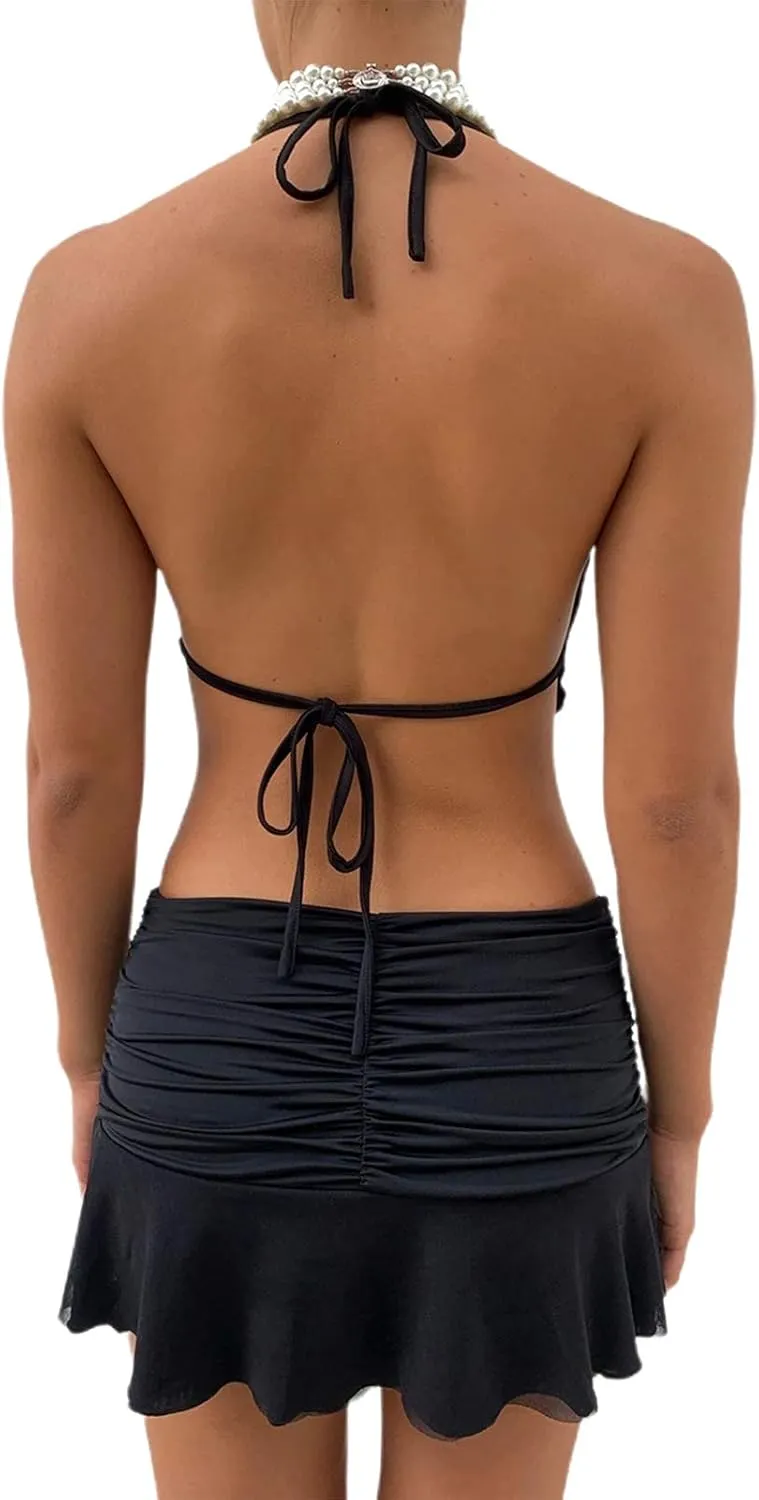 Women's Y2K Sexy Ruched Pleated Ruffle Mini Skirt Stretchy A-Line Slim Fit High Waist Bodycon Beachwear Short Skirt