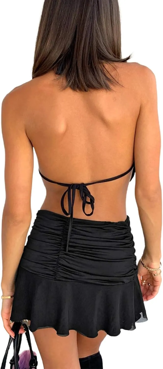 Women's Y2K Sexy Ruched Pleated Ruffle Mini Skirt Stretchy A-Line Slim Fit High Waist Bodycon Beachwear Short Skirt