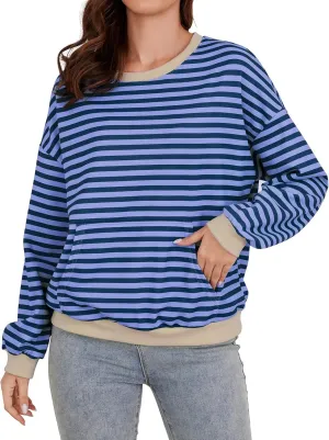 YATHON Womens Striped Sweatshirt Casual Long Sleeve Color Block Crew Neck Loose Pull Over Y2K Fall Tops with Pockets