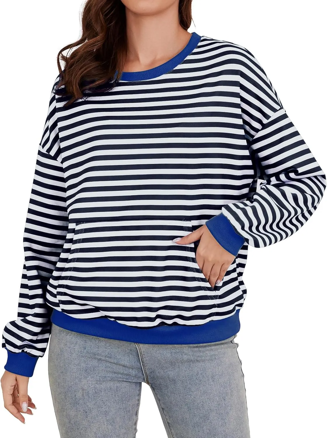 YATHON Womens Striped Sweatshirt Casual Long Sleeve Color Block Crew Neck Loose Pull Over Y2K Fall Tops with Pockets