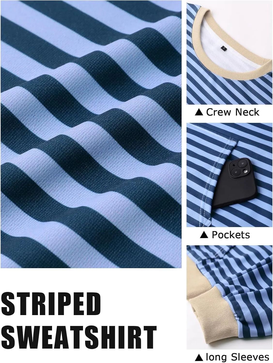 YATHON Womens Striped Sweatshirt Casual Long Sleeve Color Block Crew Neck Loose Pull Over Y2K Fall Tops with Pockets
