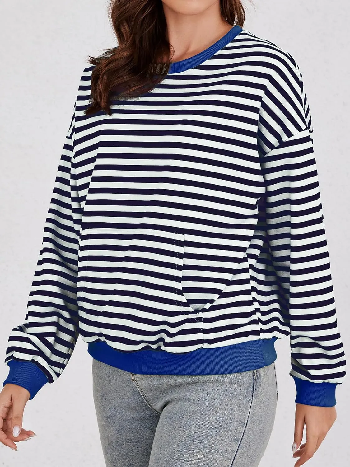 YATHON Womens Striped Sweatshirt Casual Long Sleeve Color Block Crew Neck Loose Pull Over Y2K Fall Tops with Pockets