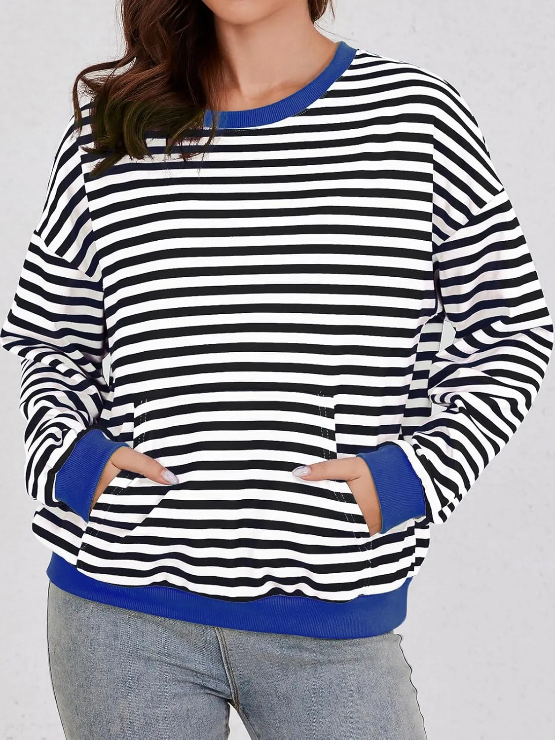 YATHON Womens Striped Sweatshirt Casual Long Sleeve Color Block Crew Neck Loose Pull Over Y2K Fall Tops with Pockets