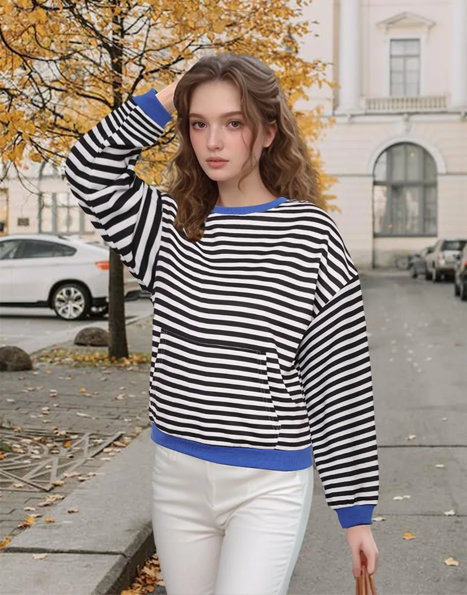 YATHON Womens Striped Sweatshirt Casual Long Sleeve Color Block Crew Neck Loose Pull Over Y2K Fall Tops with Pockets