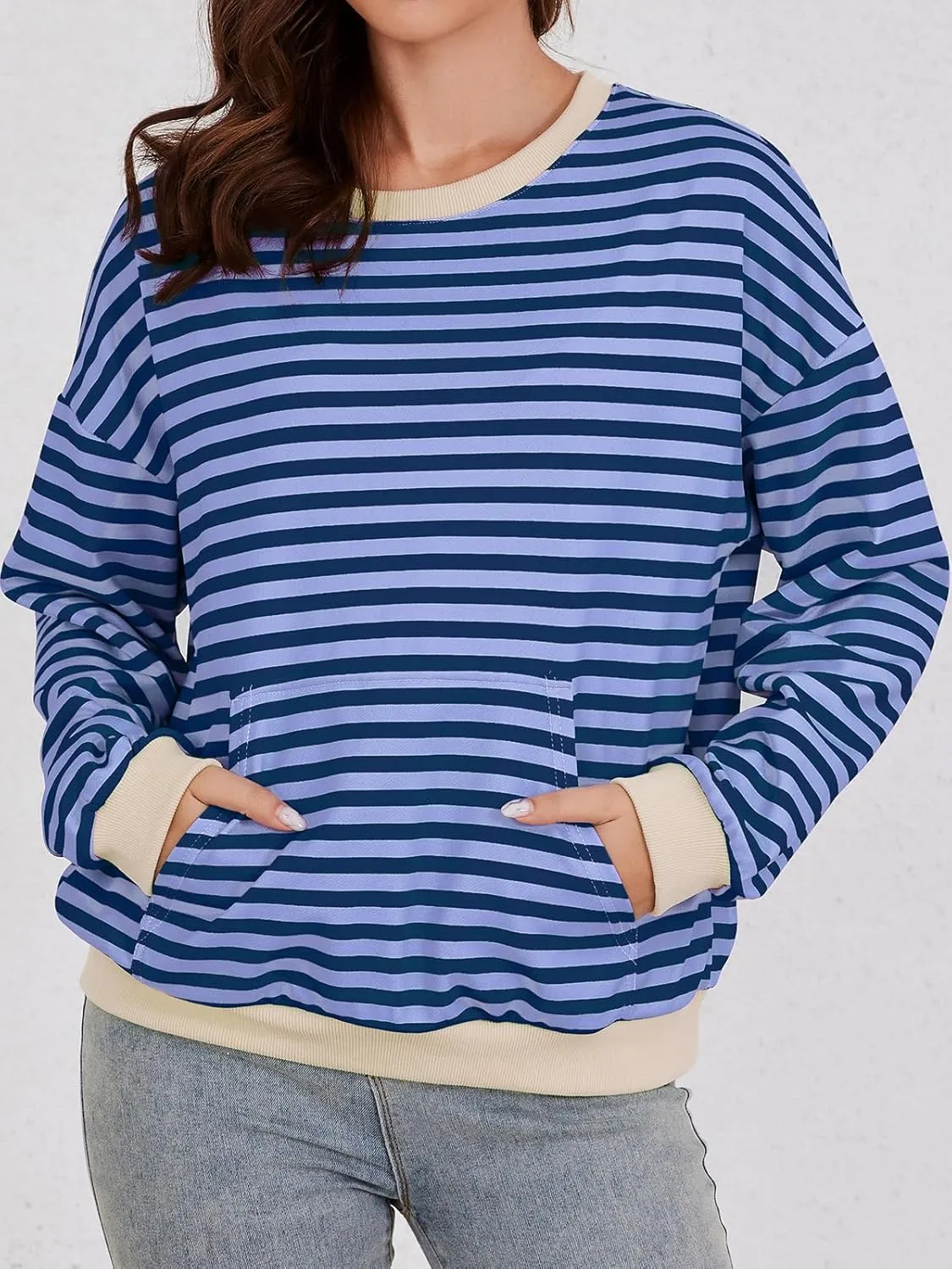YATHON Womens Striped Sweatshirt Casual Long Sleeve Color Block Crew Neck Loose Pull Over Y2K Fall Tops with Pockets