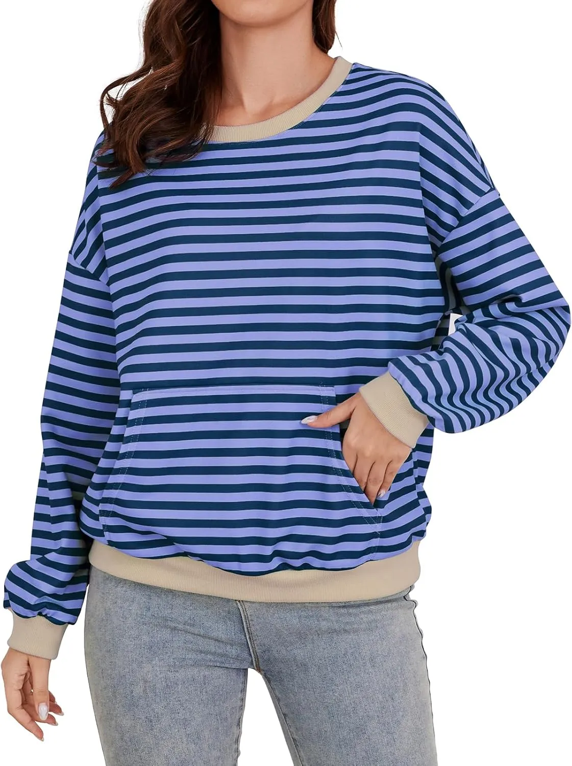 YATHON Womens Striped Sweatshirt Casual Long Sleeve Color Block Crew Neck Loose Pull Over Y2K Fall Tops with Pockets