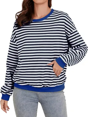 YATHON Womens Striped Sweatshirt Casual Long Sleeve Color Block Crew Neck Loose Pull Over Y2K Fall Tops with Pockets