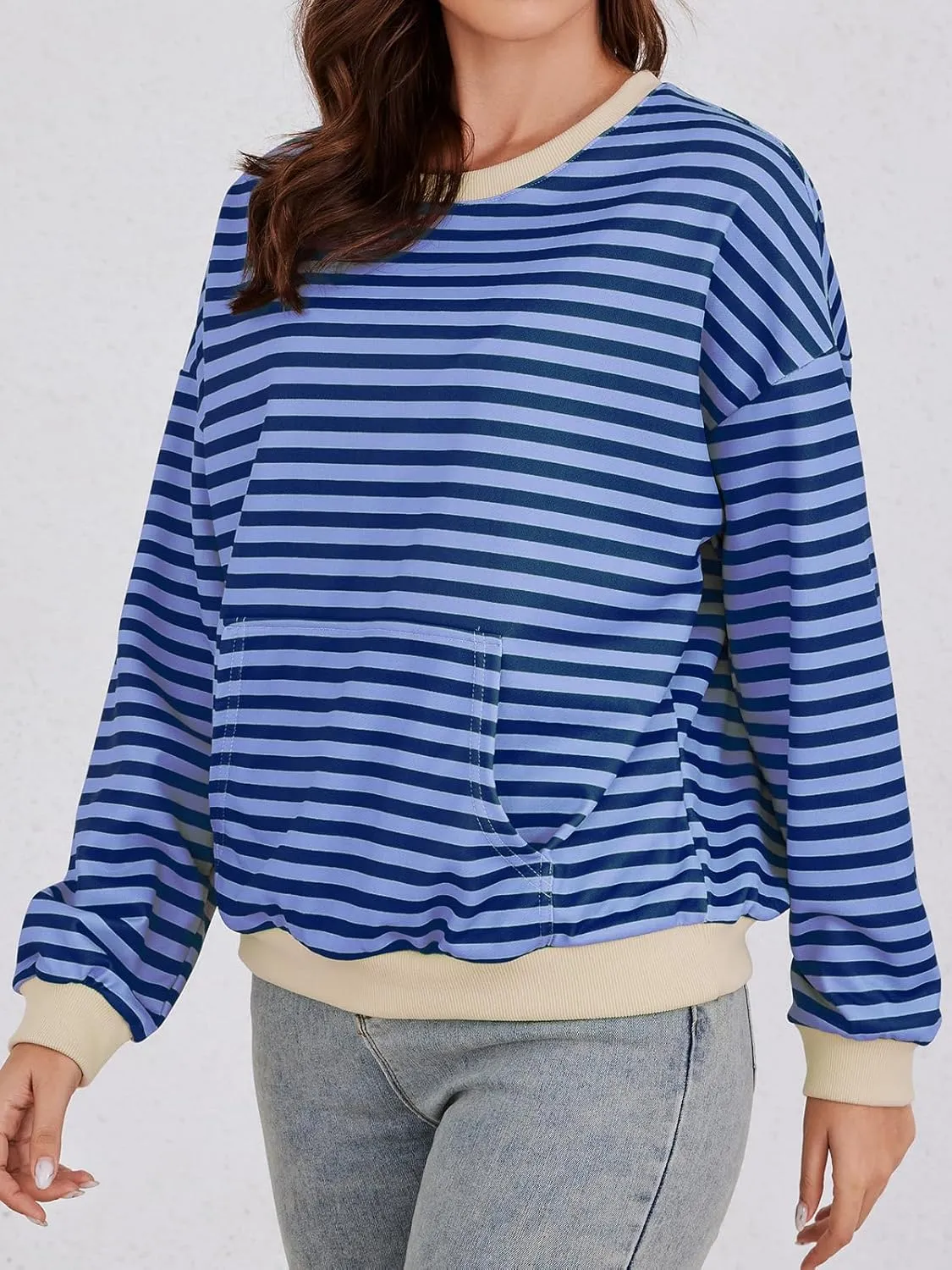 YATHON Womens Striped Sweatshirt Casual Long Sleeve Color Block Crew Neck Loose Pull Over Y2K Fall Tops with Pockets