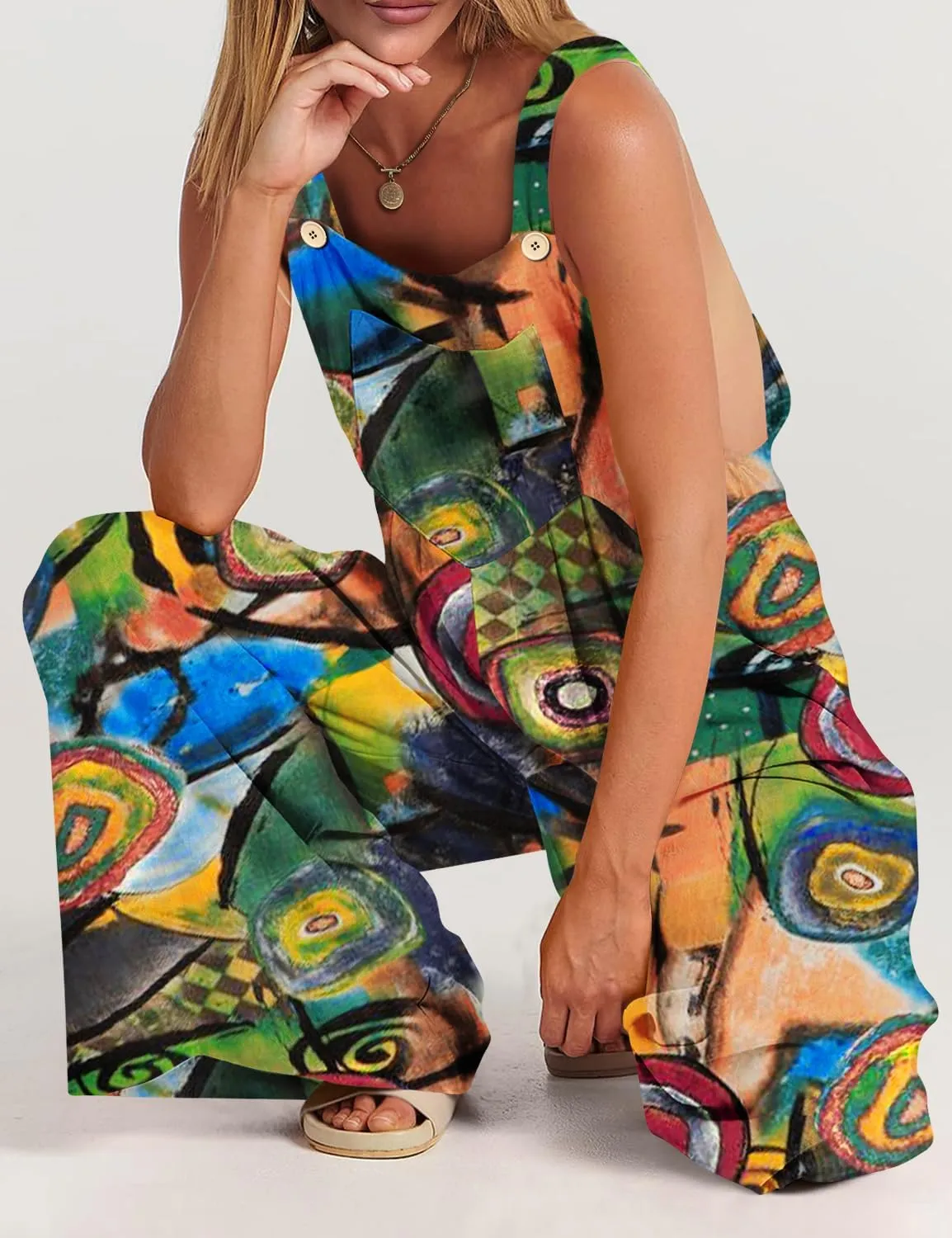 YESNO Overalls for Women Casual Loose Summer Rompers Boho Floral Adjustable Straps Wide Leg Jumpsuits with Pockets PQ2