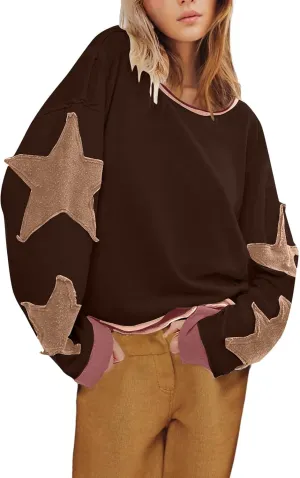 yoeasy Womens Oversized Star Sweatshirts Long Sleeve Crewneck Drop Shoulder Y2k Vintage Graphic Cropped Pullover Tops