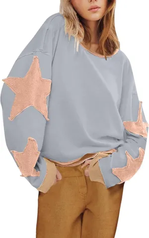 yoeasy Womens Oversized Star Sweatshirts Long Sleeve Crewneck Drop Shoulder Y2k Vintage Graphic Cropped Pullover Tops