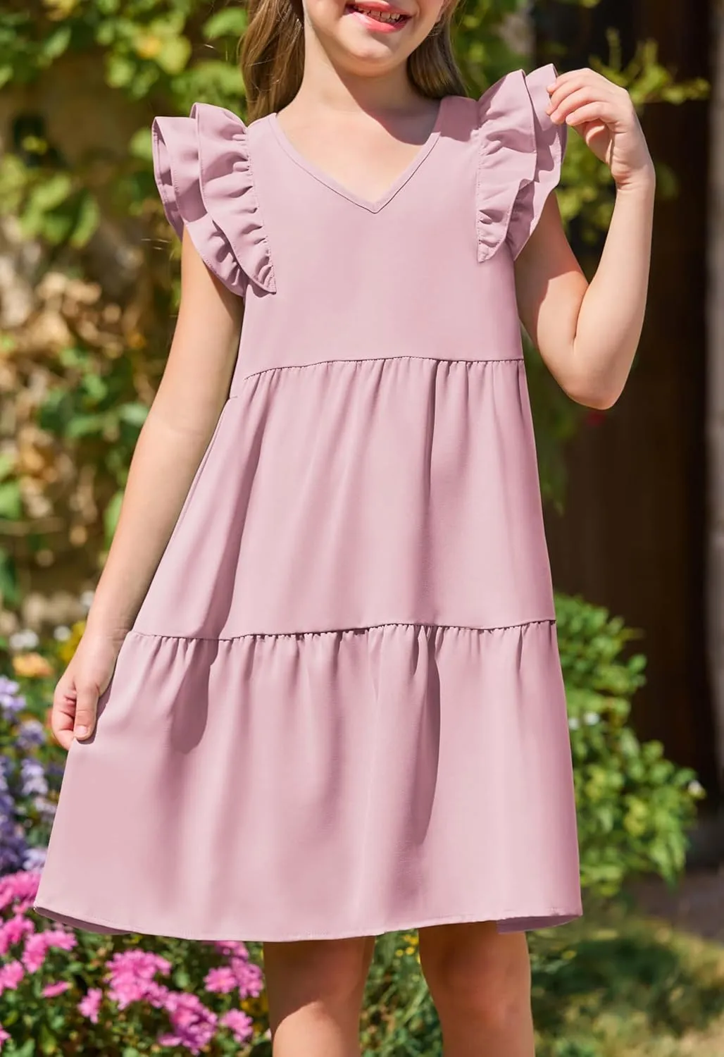 Yousify Girls Summer Dress V Neck Ruffle Sleeve Loose Casual Cute A-Line Dress Sundress Outfits Clothes 5-14 Years
