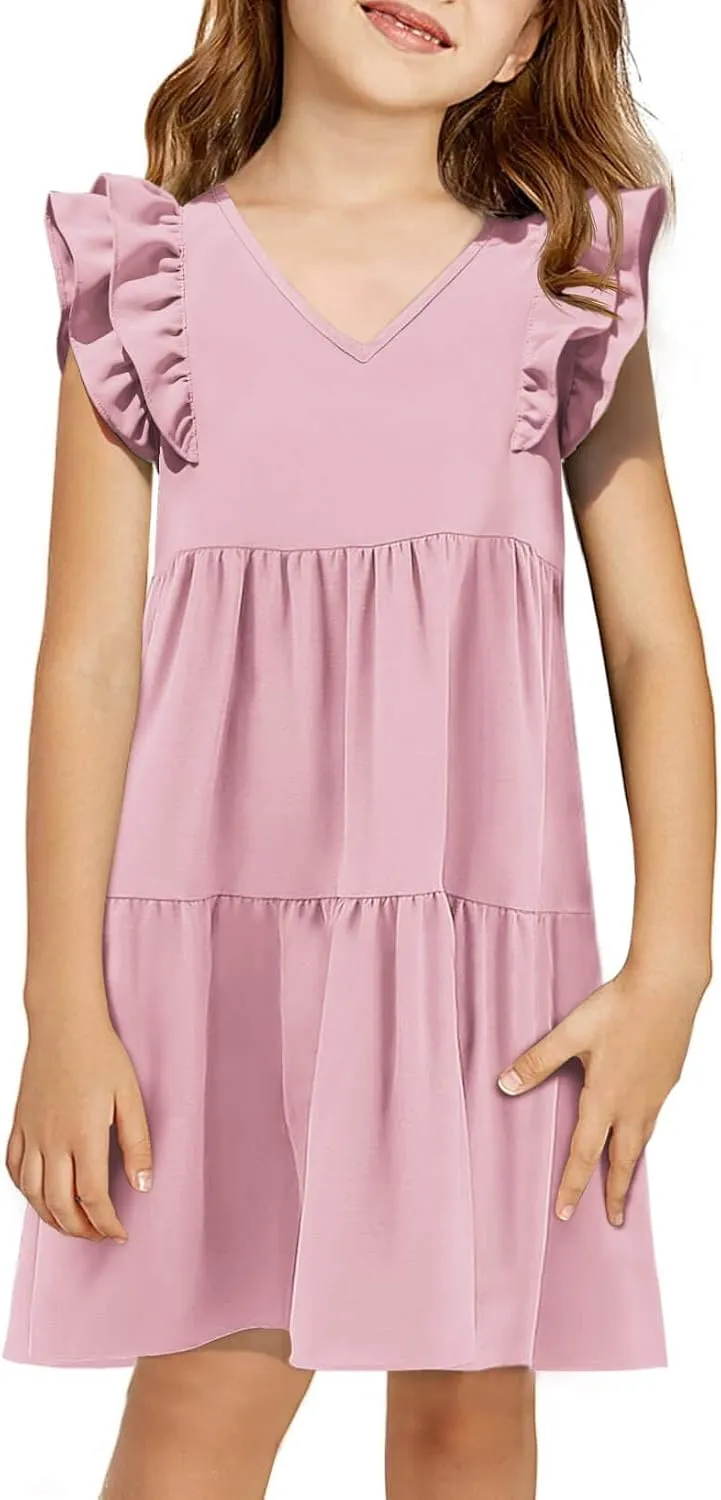 Yousify Girls Summer Dress V Neck Ruffle Sleeve Loose Casual Cute A-Line Dress Sundress Outfits Clothes 5-14 Years